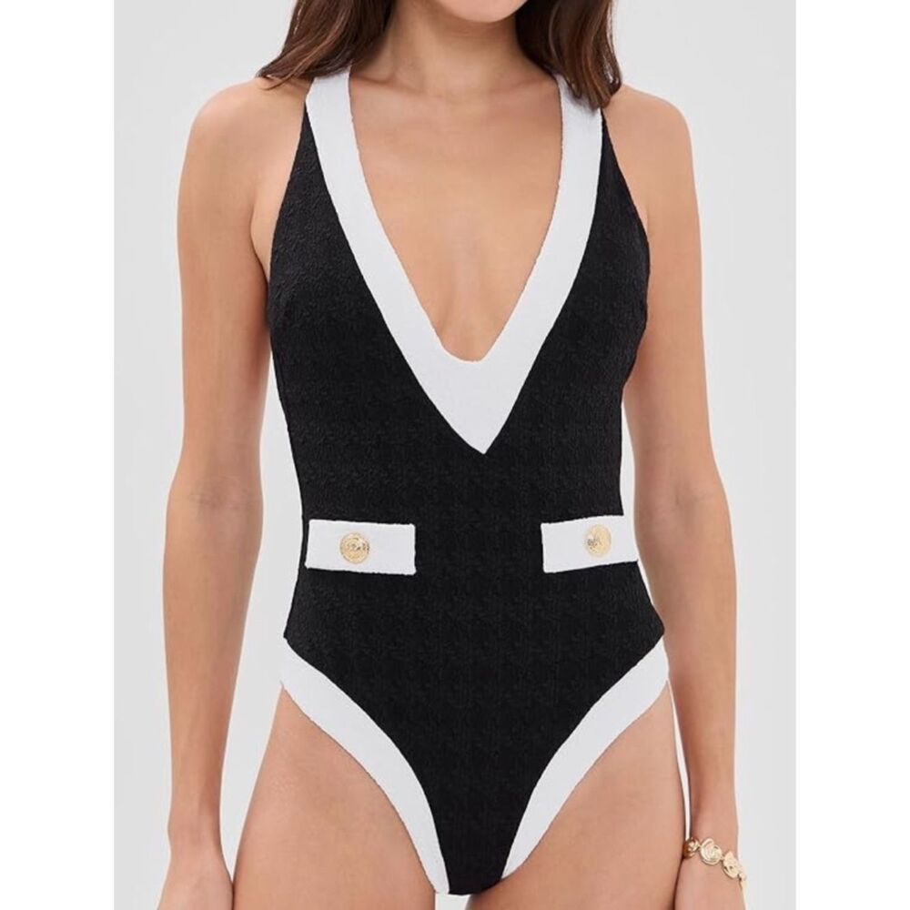 L'AGENCE lisa colorblock plunge one-piece swimsuit in black
